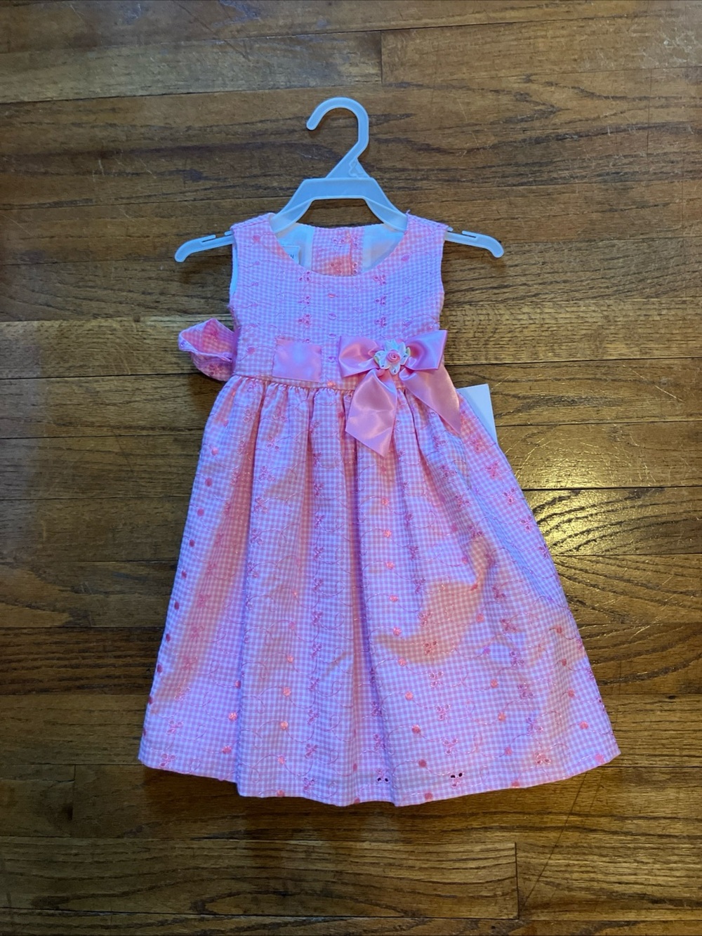 NWT Bonnie Jean Girls 2T Pink Gingham Satin Ribbon Bow Embroidered Eyelet Dress